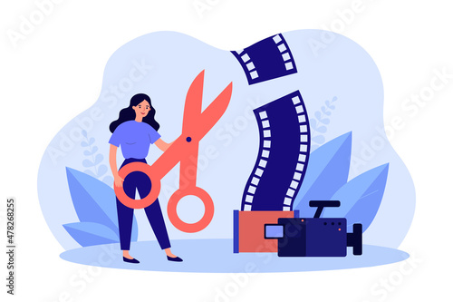 Video editing by producer with scissors and camera. Woman using editor and cutting film flat vector illustration. Movie production, multimedia concept for banner, website design or landing web page
