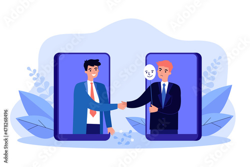 Partner handshake of business people on mobile phone screens. Hypocrite angry man holding mask in hand flat vector illustration. Hypocrisy concept for banner, website design or landing web page