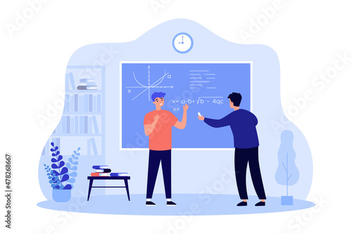 Students writing complex equations on school board. Boys on lesson in classroom flat vector illustration. Science, mathematics, knowledge concept for banner, website design or landing web page