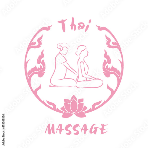 Logo thai massage with ornament. Silhouette of a woman getting traditional thai stretching massage by therapist. Thai massage concept in pink  for your web site design, app, UI. EPS10