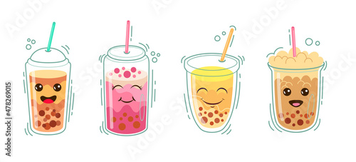 Cute bubble tea cartoon characters vector illustrations set. Comic plastic cups with smiling faces, Taiwanese milk drinks with boba balls or tapioca on white background. Food, beverage concept