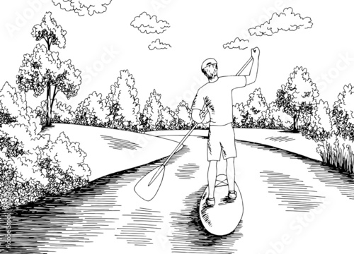 SUP board travel graphic black white river landscape sketch illustration vector