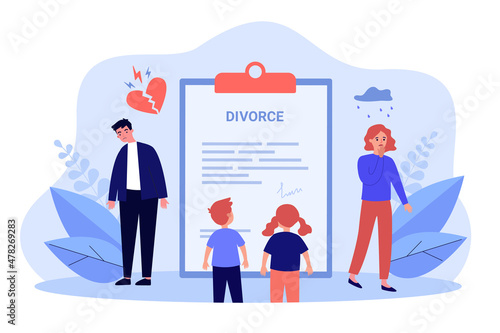 Children reading divorce document of sad father and mother. Breakup of tiny unhappy family flat vector illustration. Separation, relationship concept for banner, website design or landing web page