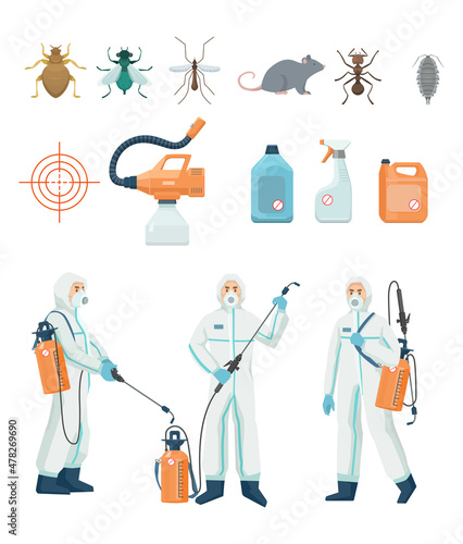 Pest control workers and insects flat vector illustrations set. Poison and equipment for pest infestation prevention, insects isolated on white background. Disinfection, fumigation service concept