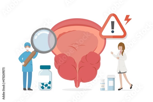 Inflammation and swelling of male prostate human organs with doctor or nurse or medical staff performing health check, vector comic cartoon