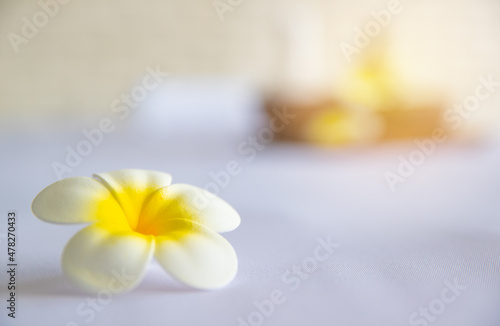 Closeup shot of Thai massaging stuffs herbal towel compress ball  coconut oil  perfume  cosmetics and plumeria flower in wooden tray placing on massage bed in spa therapy preparing for customer