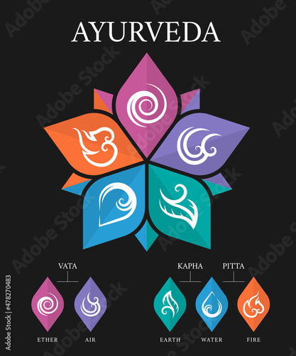 The Five elements of Ayurveda flower chart with ether, water, air, fire and earth abstract line icon sign in petals shape vector design
