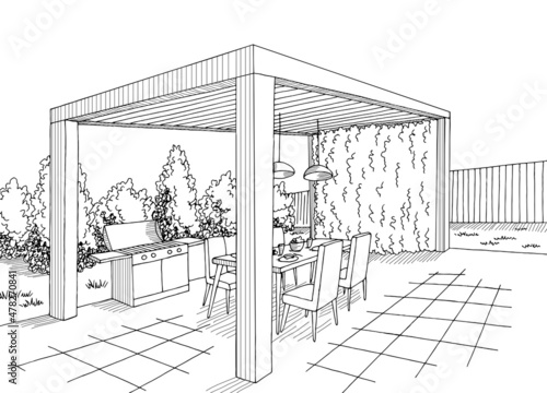 Gazebo garden modern graphic black white architect landscape sketch illustration vector 