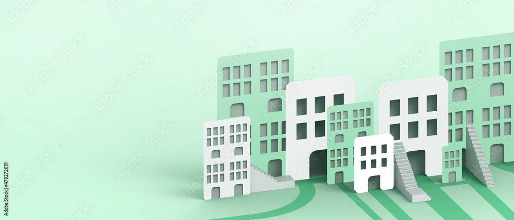 Abstract Background. Online shopping and technology city ideas for architecture Real Estate and Business concept with Paper Art on the green.banner,website,Copy Space -3d Rendering