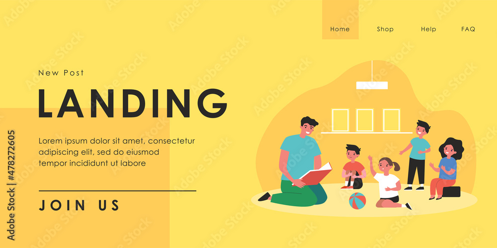 Teacher reading book to group of children. Flat vector illustration. Kids sitting on floor and listening to story, asking questions to man. Kindergarten, elementary school, reading, fairytale concept