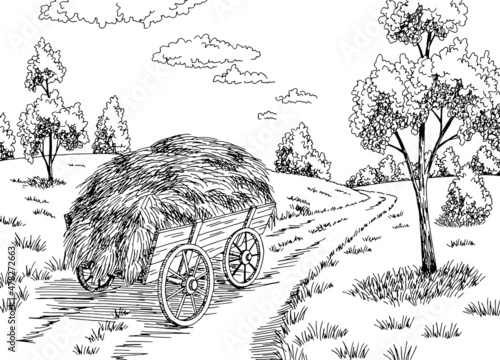 Rural road graphic black white landscape sketch illustration vector 