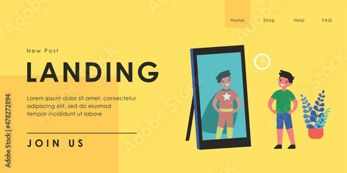 Smiling boy looking in mirror and seeing superhero. Kid standing in front of mirror, child in superhero costume flat vector illustration. Childhood, imagination concept for banner, website design