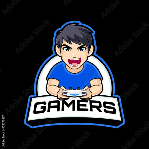 Gamer boy mascot logo cartoon playing console gaming. gamer illustration for streamer, badge or esport team