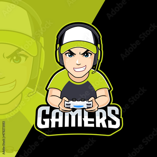 Gamer boy cartoon illustration with headphones and hat. Gaming mascot logo vector for streamer, badge or esport team