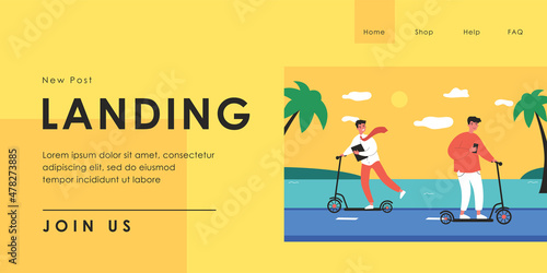 Young people riding scooters flat vector illustration. Office worker wearing tie and teenager with bright hair using scooter as vehicle at seaside. Youth, transport, resort, age, modernity concept