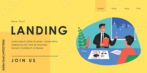Businessman with documents talking to man at office table. Human recourses manager telling about company flat vector illustration. Job interview, HR, recruitment concept for banner, website design