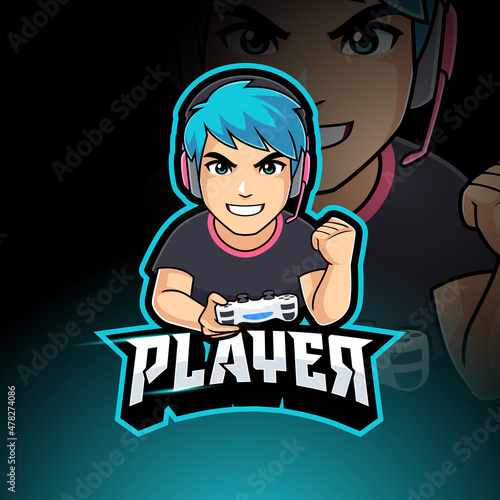 Winning gamer boy vector mascot logo illustration for esport gaming, background, badge or streamer