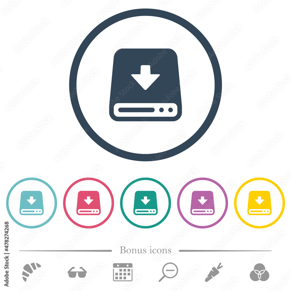 Download to hard disk flat color icons in round outlines