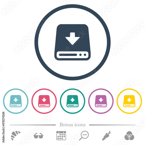 Download to hard disk flat color icons in round outlines