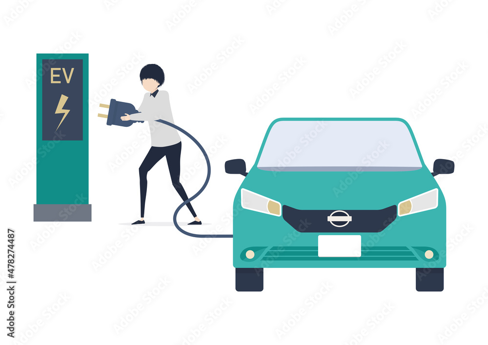 電気自動車を充電する日本人男性のイラスト素材|mayucolor02 電気自動車を充電する日本人男性のイラスト素材|mayucolor02