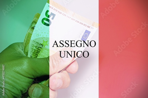 Italian flag with a hand holding euros as background. photo