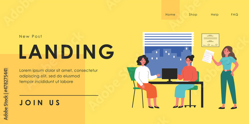 Sad woman in consultation with lawyer flat vector illustration. Female person sitting in office and talking about her problems to jurisconsults. Juridical help concept