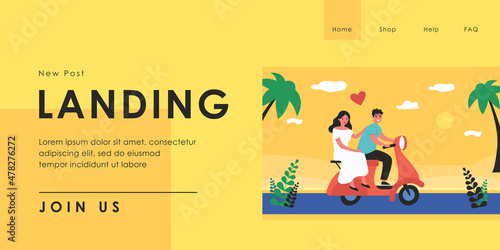 Happy couple riding motorbike along seaside. Flat vector illustration. Woman in white dress and man in love, travelling together, enjoying sunset by sea. Romance, travel, love, wedding journey concept