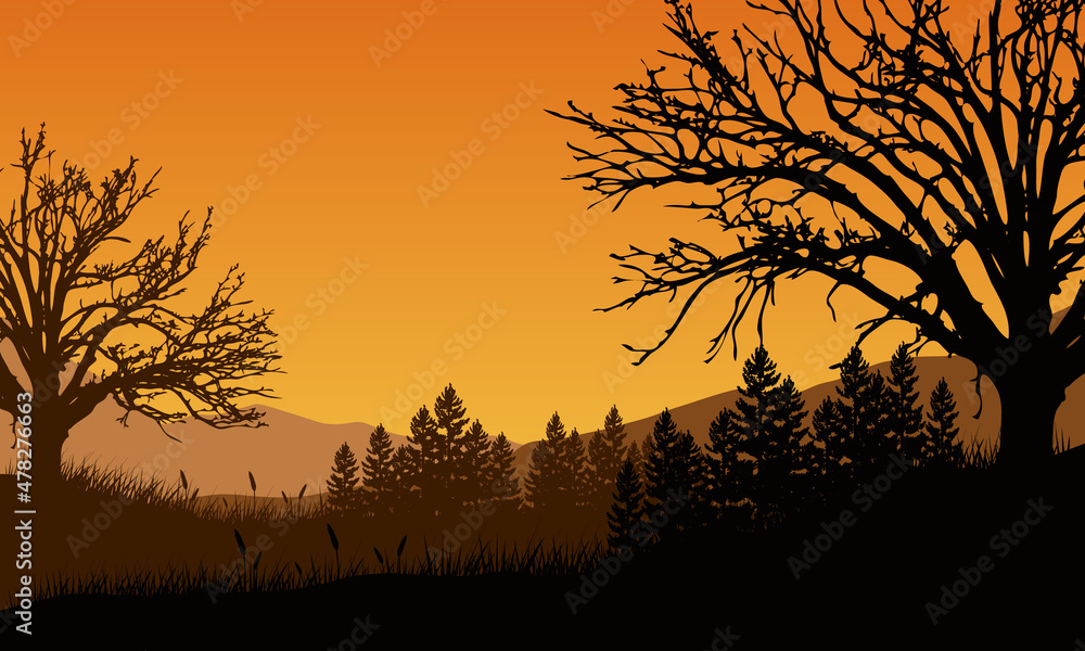 Naklejka premium Mountain view with stunning pine tree silhouette from outside the village at dusk