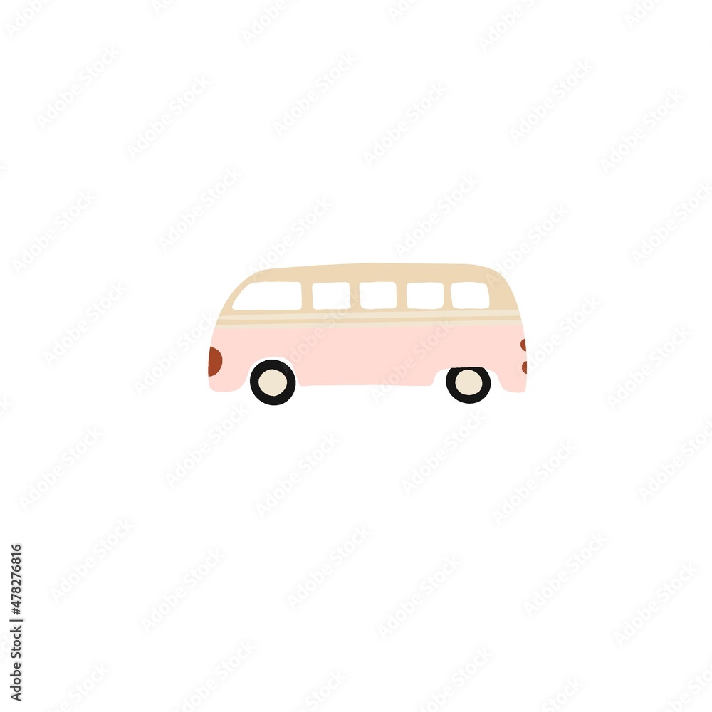Pink beach bus. Toy car. Automobile. Gift. Illustration. Isolated. Retro. Vintage. School. Trip.