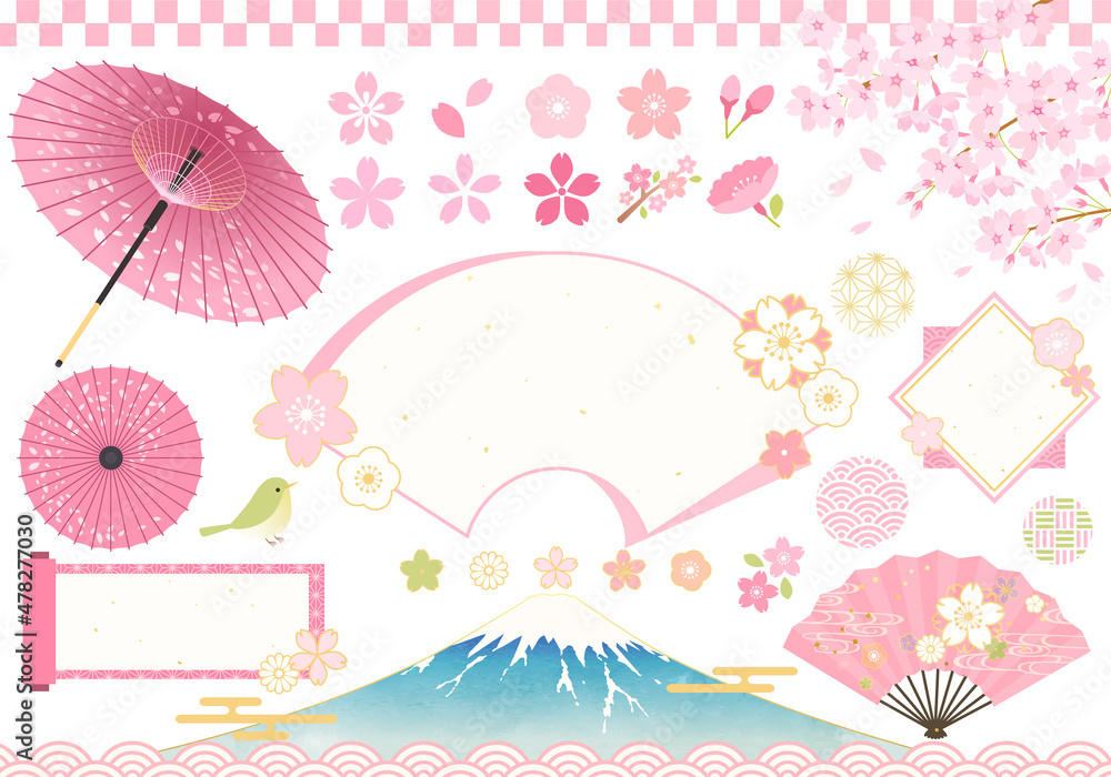 桜 富士山 フレーム 和傘などの春イメージのベクターイラスト Stock Vector Adobe Stock