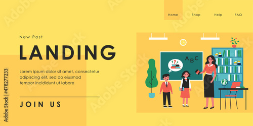 Cartoon teacher and pupils at class flat vector illustration. Female tutor lending out books at school. Education, lesson, back to school concept for banner, website design or landing web page