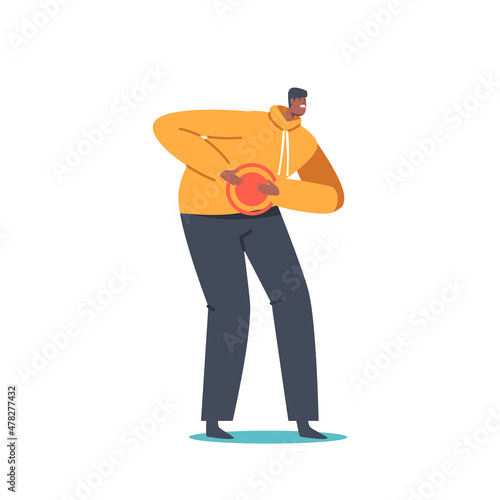 Health Problem, Stomach Disease Symptoms. Male Character Feeling Strong Abdominal Pain Isolated on White Background