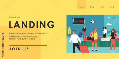 People arriving at airport taking their luggage. Flat vector illustration. Women, men, tourists waiting at luggage belt and getting their suitcases. Airport, luggage, travel, transport concept