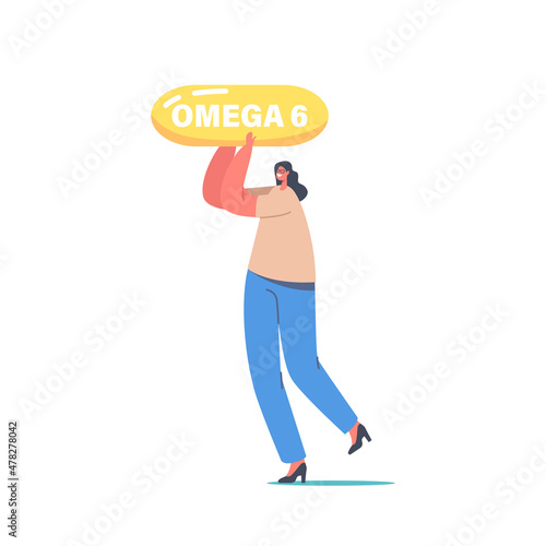 Tiny Young Healthy Woman Holding Huge Capsule of Omega 6 Oil Pill, Polyunsaturated Fatty Acid for Health Care