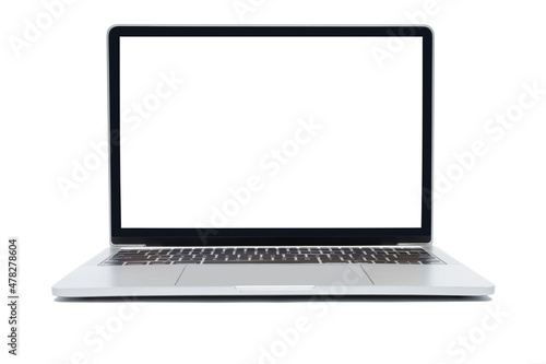 The front view of the laptop is a blank white screen on a white background which has a copy space for inserting text or images. Laptop with blank screen isolated on white background.
