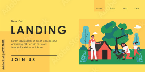 Carpenter making doghouse for domestic animal outside. Mother playing with dog, daughter with bone, man with hammer and nail flat vector illustration. Pets concept for banner, website design