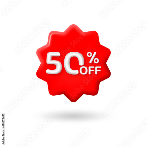 50 percent price off icon or label. 3d sale or discount badge or price tag for promo design. Vector illustration.