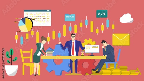 オフィスデスクで会議を開いて情報を分析し、経営戦略を考えるビジネスマン（赤）　Illustration of a businessman who holds a meeting at an office desk, analyzes information, and thinks about management strategy (red)