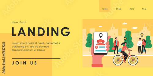 Geolocation function in modern gadgets. Flat vector illustration. Hand holding smartphone determining location of each person, city dwellers. Geolocation, privacy, technology, urban life concept