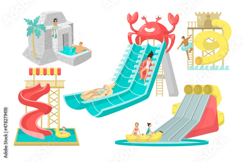 Kids and adults relaxing in waterpark vector illustrations set. People sliding down tall water slides in aqua park isolated on white background. Family holiday, leisure, summer, vacation concept