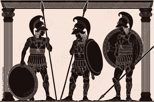Three ancient Greek warriors with spears, shields and helmets stand in the temple between the columns.