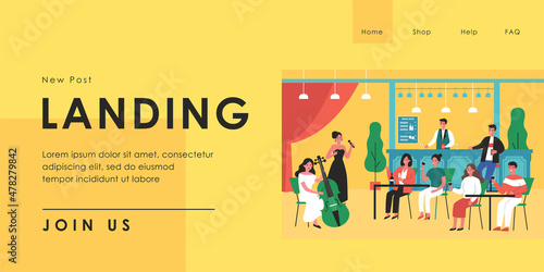 Customers enjoying wine and live music at bar. Female singer performing song, musician playing cello flat vector illustration. Entertainment, music concept for banner, website design or landing page