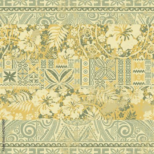 Hawaiian hibiscus and tapa tribal motifs fabric abstract vector seamless pattern grunge effect in separate layer
