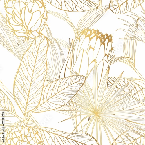 Exotic tropical floral golden line flowers, magnolia branch, protea, fan palm leaves seamless pattern. White background. Golden floral wallpaper. 