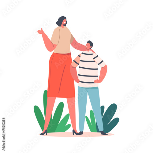 Parenting, Childhood, Weekend Sparetime Recreation Concept. Happy Family Characters Mom and Little Son Spend Time