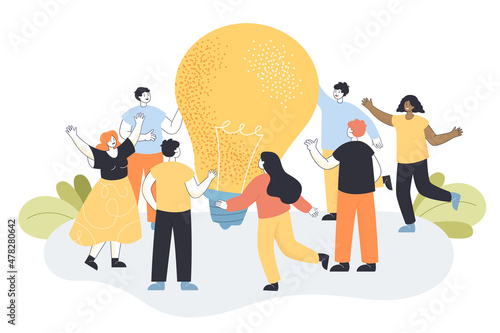 Group of tiny people standing around lightbulb at office meeting. Work community creating new idea or finding solution to problem flat vector illustration. Team brainstorming, business idea concept