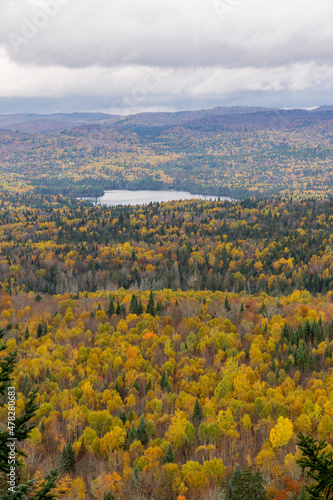 View on the Pimbina river valley from the belvedere at the end of  L envol  hiking trail in Mon Tremblant National park in Laurentides region of Quebec  Canada