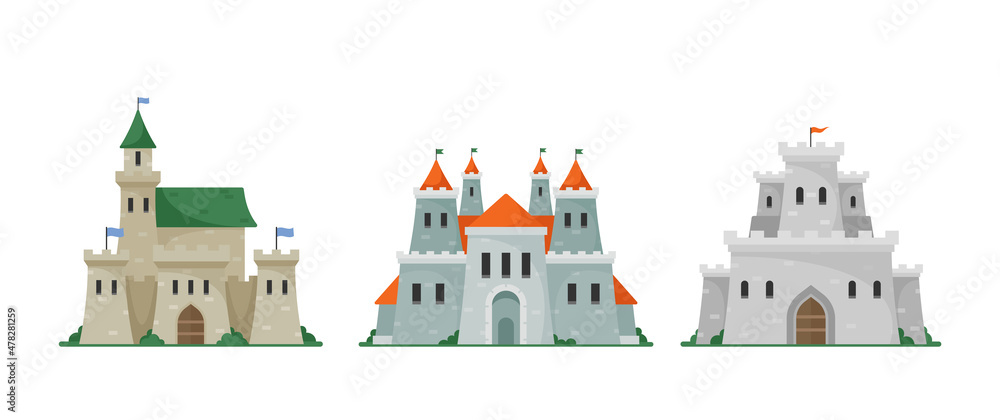 Set of Castles, Fabulous Fortress, Ancient Architecture of Middle Ages Europe, Medieval Palaces with High Towers, Flags