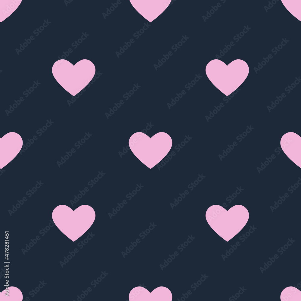 Seamless pattern with pink hearts on a blue background, ideal for printing, fabric, wrapping paper, cards, packaging, graphics. Birthday, Valentine's Day. Vector design.