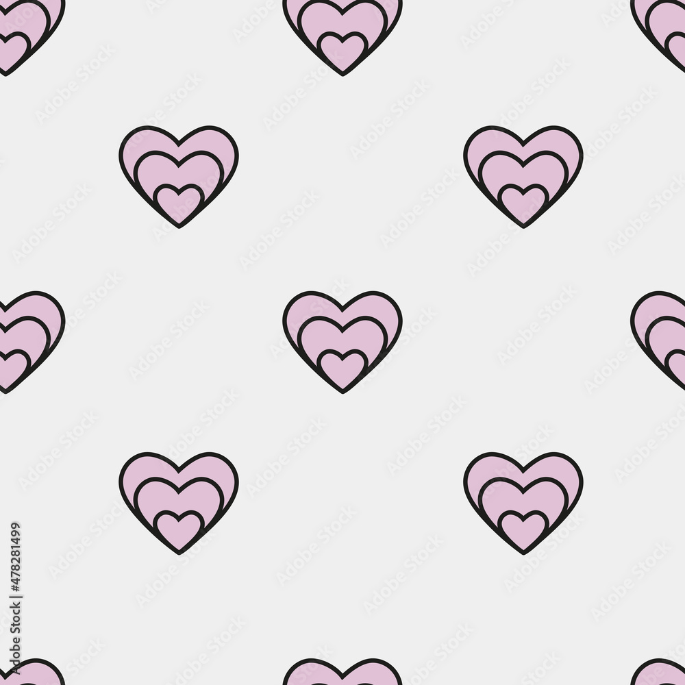 Seamless pattern with hearts on a light background, ideal for printing, fabric, wrapping paper, cards, packaging, graphics. Birthday, Valentine's Day. Pink, black colors. Vector design.